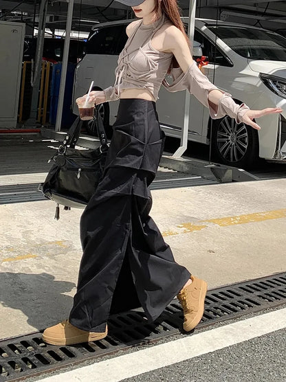 High Waist Pleated Skirt for Women Korean Fashion Streetwear Sexy Slit Midi Skirt Y2K Loose Hip Hop All-Match Female Cargo Skirt