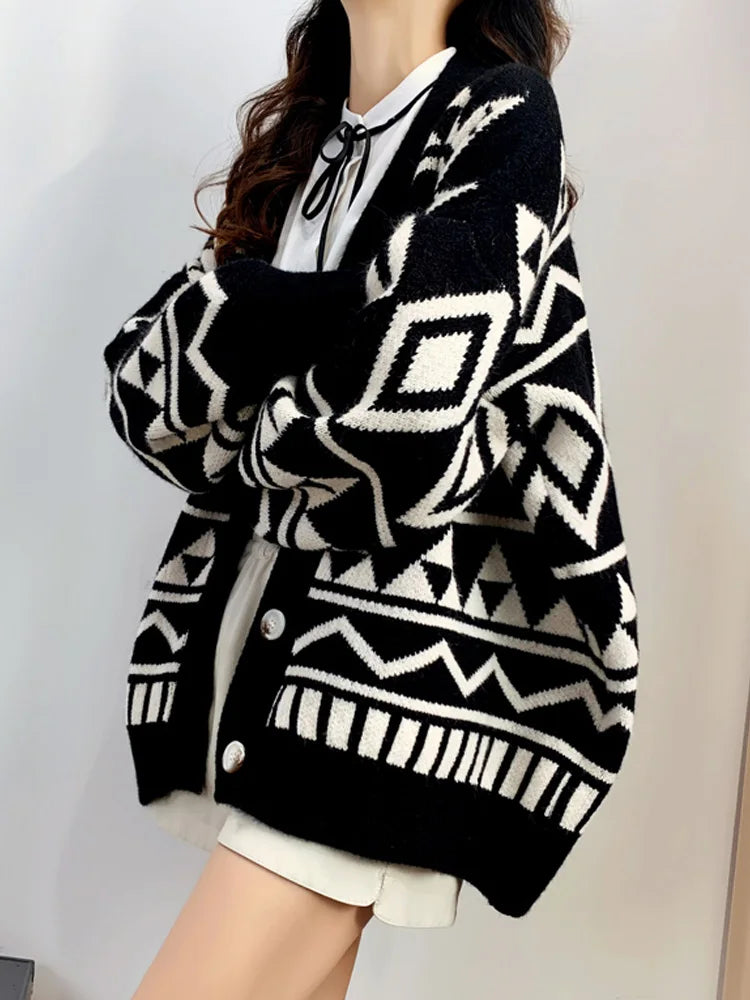 New Fashion Geometry Printing Knitted Caridgan Coat Autumn Winter Casual Loose Women Sweaters Office Lady Knitted Clothes