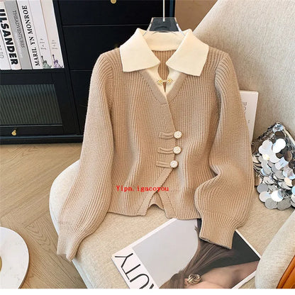 2025 Autumn Winter New Splicing Fake Two Pieces Knitted Cardigan Sweater Women Jacket Fashion Knitwear Loose Ladies Tops B693