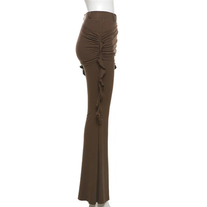 Casual Slim Folds Tie Flower Ruffles Flare Pants Casual Sexy Solid Mid-Waisted Wide Leg Pants Women 2024 Summer Fashion