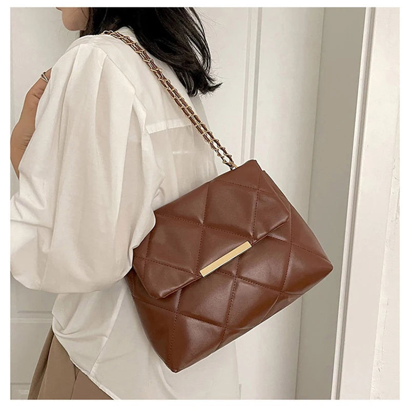 Plaid Thread Women Handbags Lady Underarm Shoulder Bag Large Capacity Commuting Tote Bag PU Leather Chain Strap Crossbody Bag