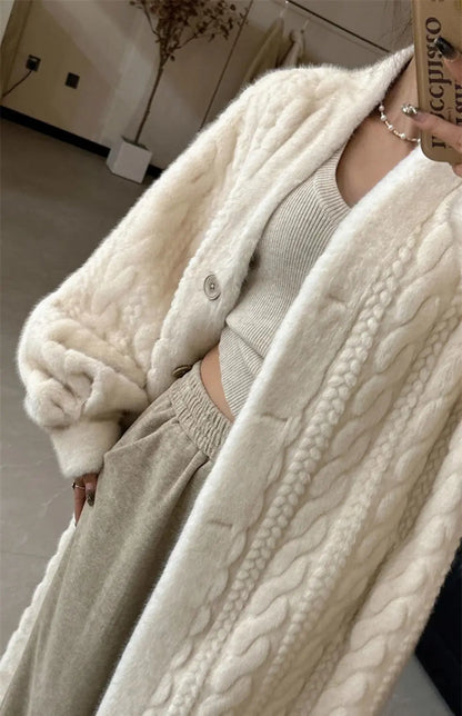 Women Sweaters Long Sleeve V Neck Solid Thick Jumpers Button High Street Cardigan Knit Pocket Slight Strech Patchwork Regular
