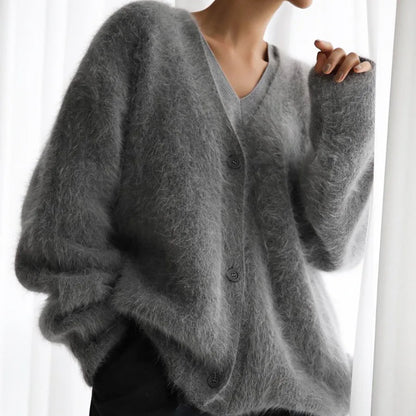 European And American Mink Velvet V-neck Knitted Sweater Women's 2024 Autumn And Winter New Loose Solid Color Cardigan Jacket