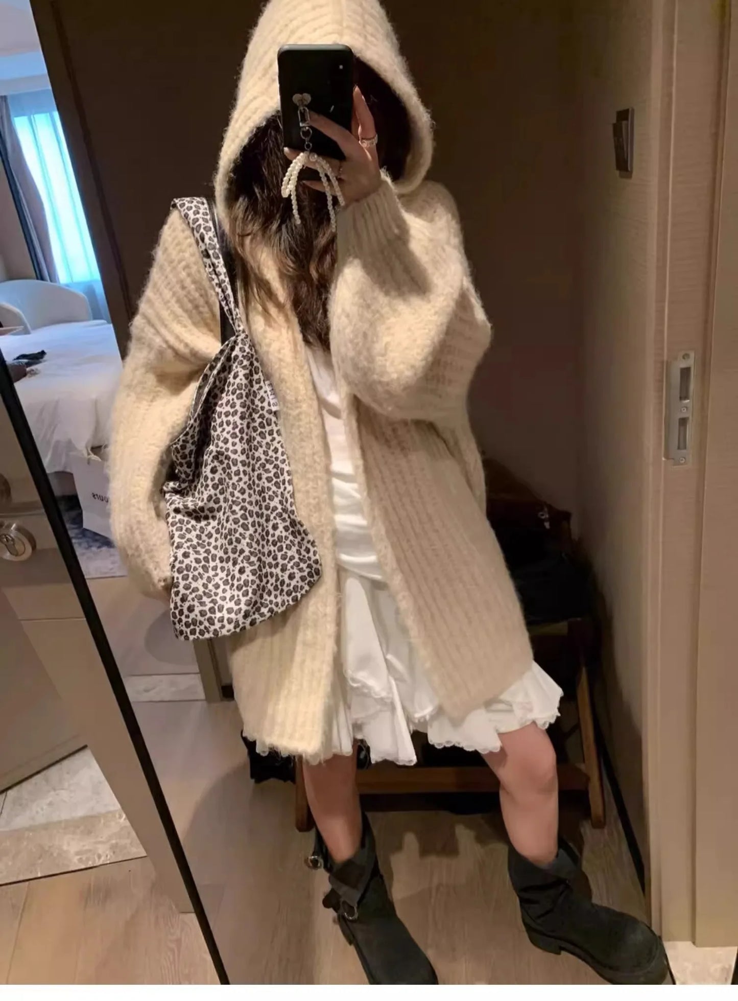 Winter Women Long Sleeve Loose Hooded Loose Knitted Coat Autumn Fashion Solid Color Sweater Elegant Casual Cardigan Knitwear