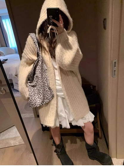 Winter Women Long Sleeve Loose Hooded Loose Knitted Coat Autumn Fashion Solid Color Sweater Elegant Casual Cardigan Knitwear