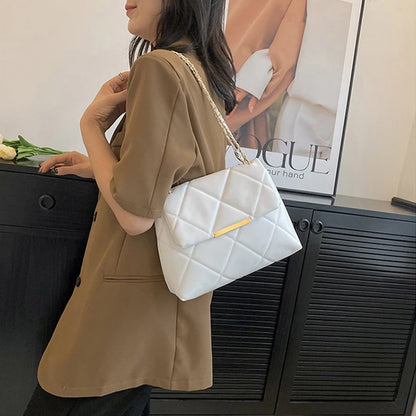 Plaid Thread Women Handbags Lady Underarm Shoulder Bag Large Capacity Commuting Tote Bag PU Leather Chain Strap Crossbody Bag