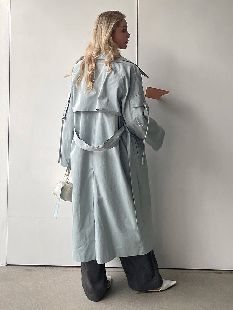 2024 Spring Fall New Korea style Women's Oversized Cotton Long Trench Coat With Belt  Casual Female Windbreaker