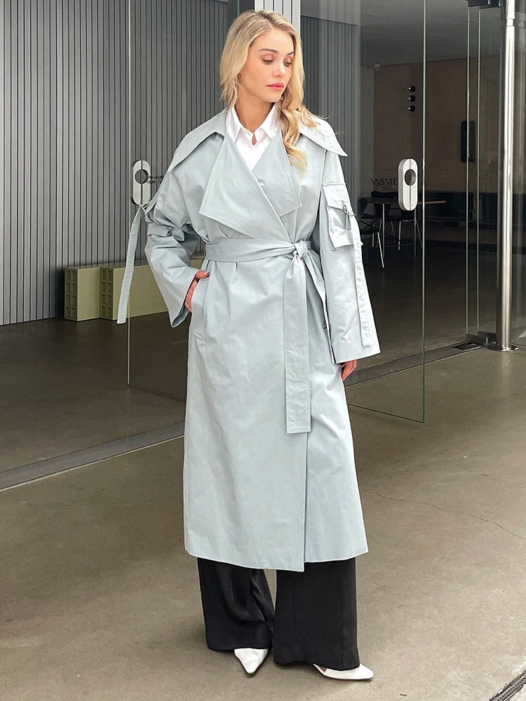 2024 Spring Fall New Korea style Women's Oversized Cotton Long Trench Coat With Belt  Casual Female Windbreaker