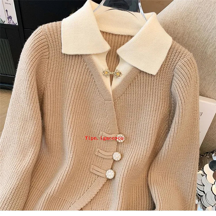 2025 Autumn Winter New Splicing Fake Two Pieces Knitted Cardigan Sweater Women Jacket Fashion Knitwear Loose Ladies Tops B693