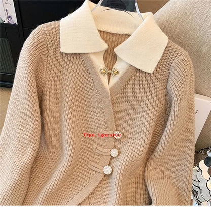 2025 Autumn Winter New Splicing Fake Two Pieces Knitted Cardigan Sweater Women Jacket Fashion Knitwear Loose Ladies Tops B693