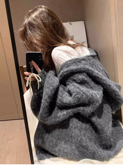 Winter Women Long Sleeve Loose Hooded Loose Knitted Coat Autumn Fashion Solid Color Sweater Elegant Casual Cardigan Knitwear