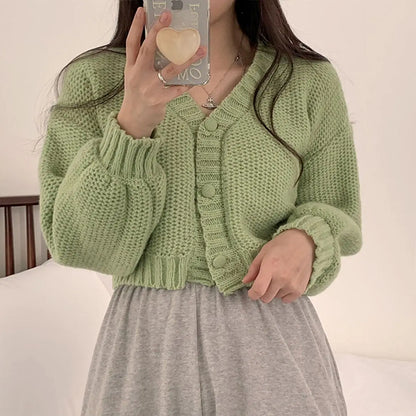 Short Knitted Cardigan Sweet Korean V Neck Lantern Sleeve Sweaters for Women Fall Wild Simple Cropped Pink  Coat
