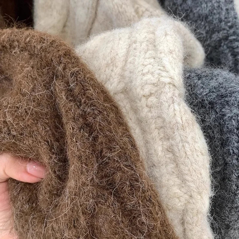 HELIAR Women Fall Winter New Casual Loose Knitted Cardigan Retro Solid Double Zipper Turn-down Collar Sweater Thicken Loose Tops