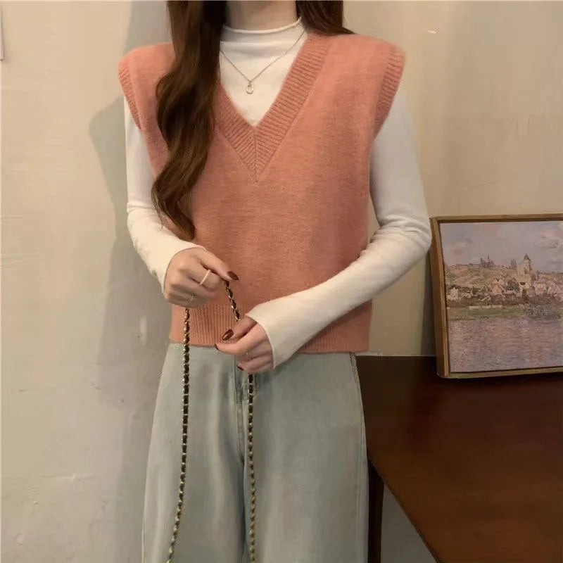 Xpqbb Spring Autumn New V-neck Knitted Vest Women Vintage Sleeveless Sweater Waistcoat Female Korean Chic Cropped Knit Tops
