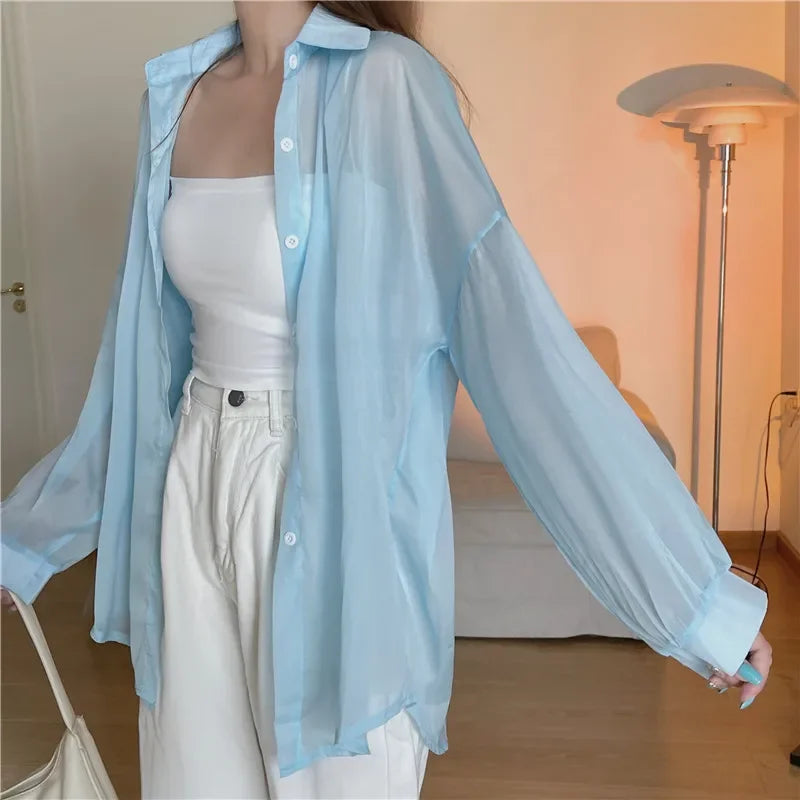 Oversized Shirt for Women Black White Thin Chiffon Collared Long Sleeve Button-Up Shirt Blouse Female Teen-girl Beach Cover Up