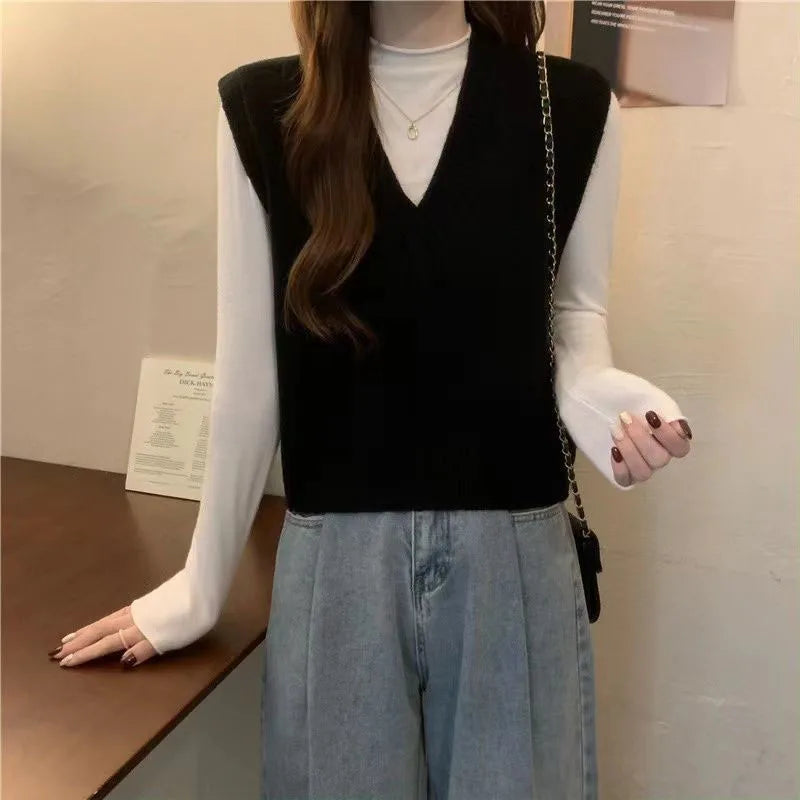 Xpqbb Spring Autumn New V-neck Knitted Vest Women Vintage Sleeveless Sweater Waistcoat Female Korean Chic Cropped Knit Tops