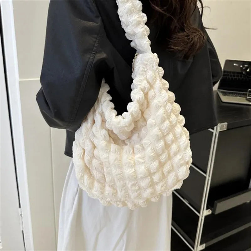 Crossbody Bag With Pleated Design Embroidered Plaid Shoulder Bag Underarm Bags Simple Large Capacity Quilted Tote Bags For Women