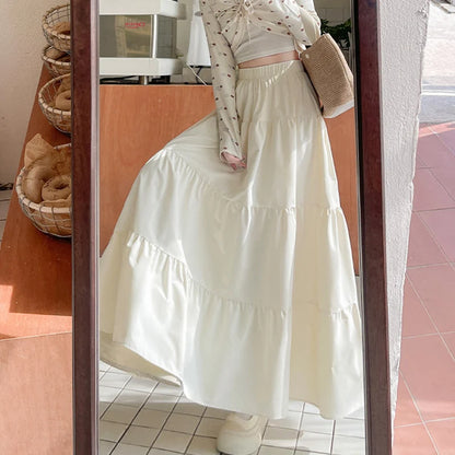 Korean Style Elastic High Waist White Skirt for Women Summer Loose Pleated Long Skirts Woman 2025 Vacation A Line Umbrella Skirt