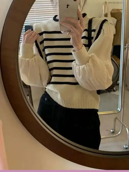 2025 Women Black and White Striped Fake Two-Piece Knitted Sweaters Autumn Winter Korean Soft Glutinous Pullover Sweater Female