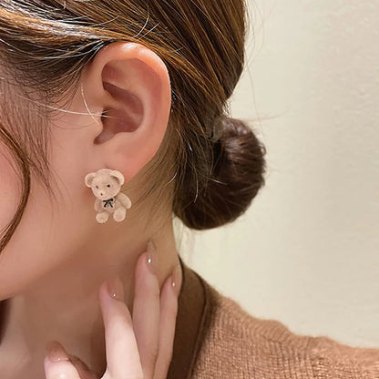 Flocking Velvet Rabbit Bear Stud Earrings for Women Fall Fashion Kawaii Animal Earrings Girls Korean Kids Jewelry Brincos Gifts