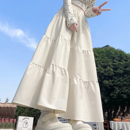 Korean Style Elastic High Waist White Skirt for Women Summer Loose Pleated Long Skirts Woman 2025 Vacation A Line Umbrella Skirt