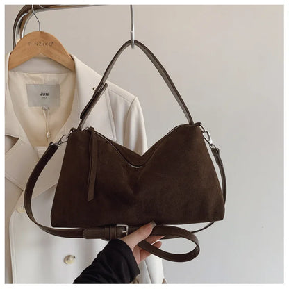 New Fashion Simple Fall Winter Spacious Boston Tote Bag Soft Matte Suede Design Women's Large Capacity Portable Hand Strap Bag