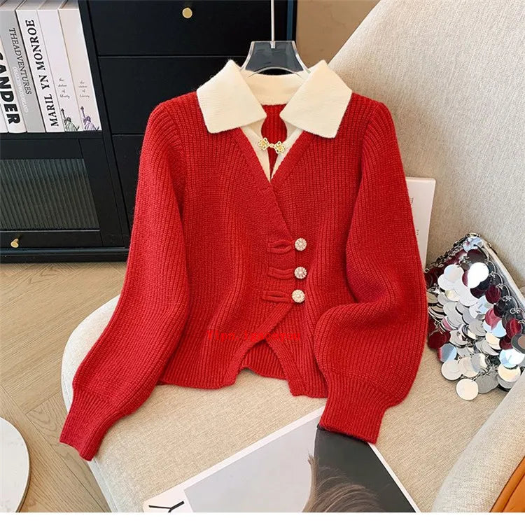 2025 Autumn Winter New Splicing Fake Two Pieces Knitted Cardigan Sweater Women Jacket Fashion Knitwear Loose Ladies Tops B693
