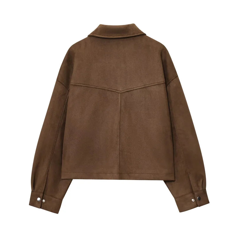 Women's Jacket New Fall 2025 Dark Brown Long Sleeve Bomber Jacket Pocket Decoration Casual Fashion Simple Personality