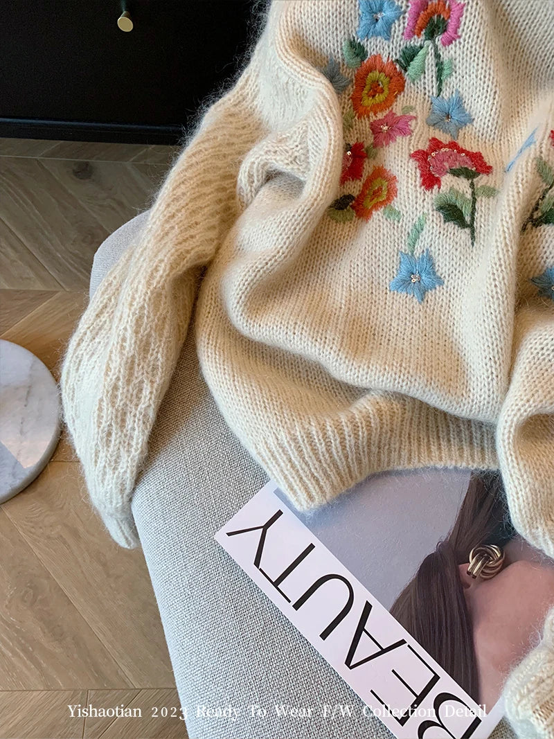 Harajuku Knitted Cashmere Top Women Classical Embroidery Floral Pullovers Sleeve Autumn Winter Sweater Korean Oversized Tops Y2K