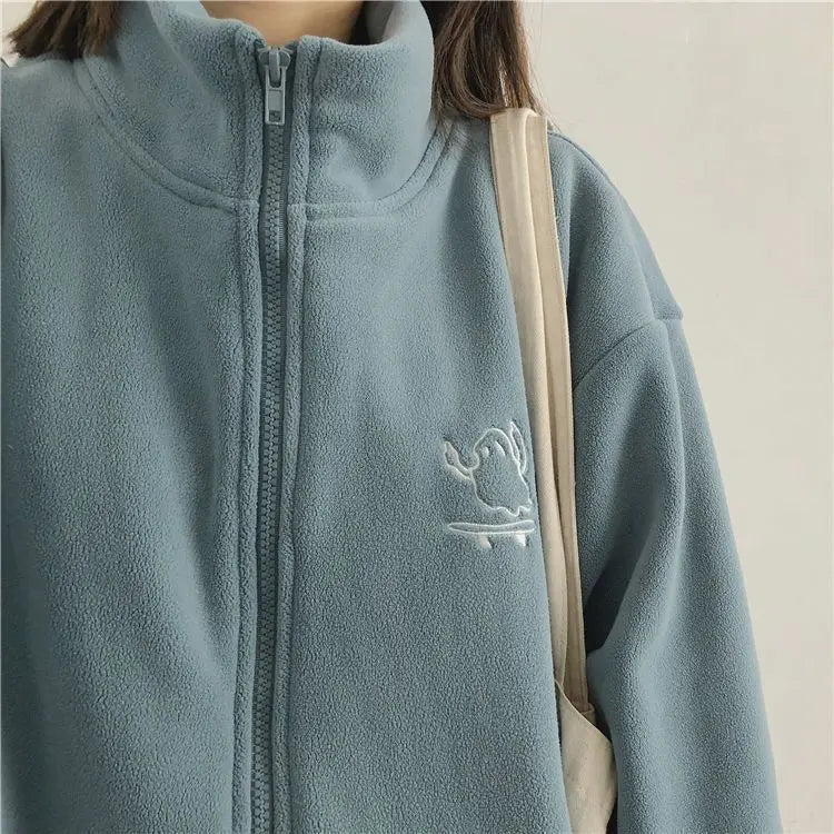 Autumn Winter Fleece Zipper Sweatshirt Jacket Women Clothing Embroidery Coats Warm Long Sleeve Cardigan Sport Outdoor Sweatshirt