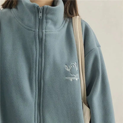 Autumn Winter Fleece Zipper Sweatshirt Jacket Women Clothing Embroidery Coats Warm Long Sleeve Cardigan Sport Outdoor Sweatshirt