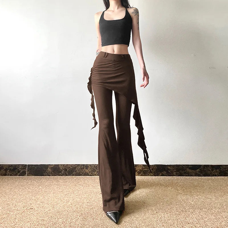 Casual Slim Folds Tie Flower Ruffles Flare Pants Casual Sexy Solid Mid-Waisted Wide Leg Pants Women 2024 Summer Fashion