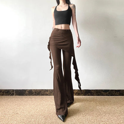 Casual Slim Folds Tie Flower Ruffles Flare Pants Casual Sexy Solid Mid-Waisted Wide Leg Pants Women 2024 Summer Fashion