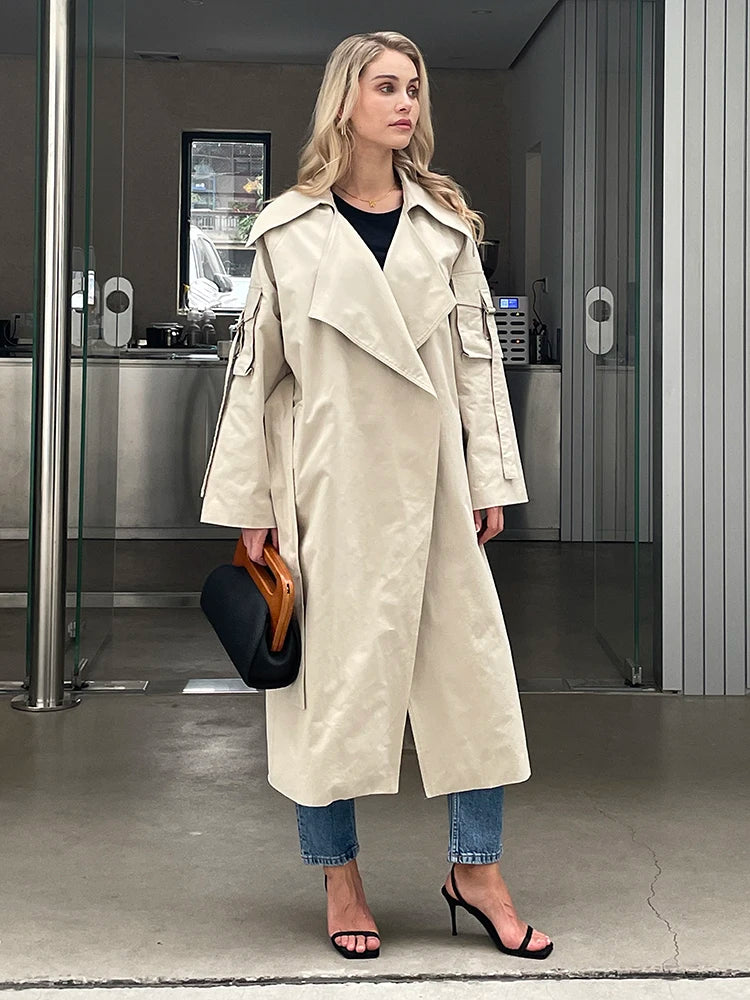 2024 Spring Fall New Korea style Women's Oversized Cotton Long Trench Coat With Belt  Casual Female Windbreaker