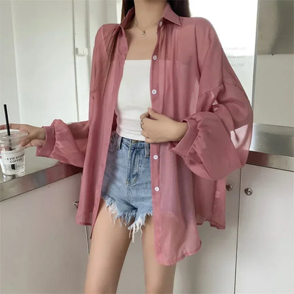 Oversized Shirt for Women Black White Thin Chiffon Collared Long Sleeve Button-Up Shirt Blouse Female Teen-girl Beach Cover Up