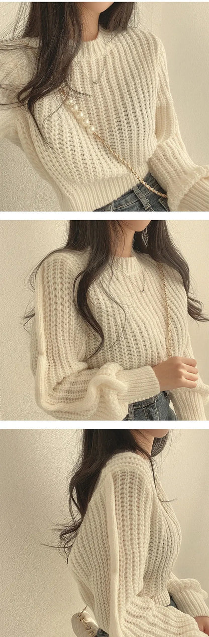 Loose Vintage Harajuku Lantern Long Sleeve Women Sweater Autumn Winter Knitwear Soft Warm Tops Chic Solid Femme Sweater