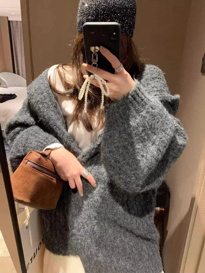 Winter Women Long Sleeve Loose Hooded Loose Knitted Coat Autumn Fashion Solid Color Sweater Elegant Casual Cardigan Knitwear