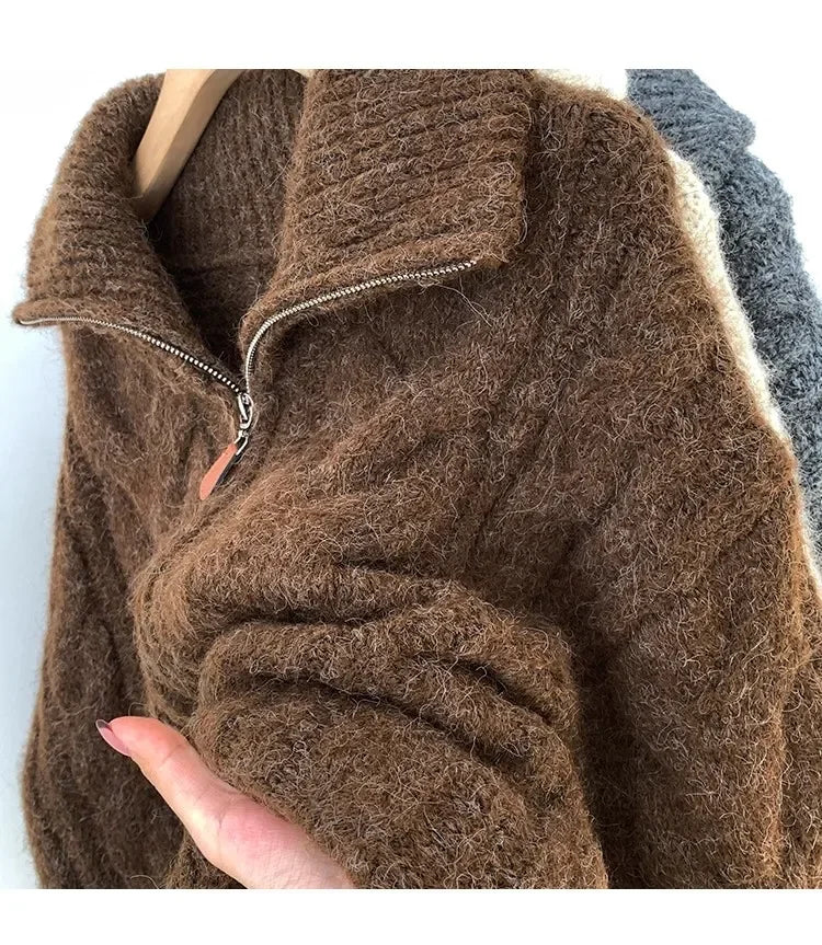 HELIAR Women Fall Winter New Casual Loose Knitted Cardigan Retro Solid Double Zipper Turn-down Collar Sweater Thicken Loose Tops