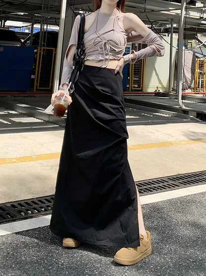 High Waist Pleated Skirt for Women Korean Fashion Streetwear Sexy Slit Midi Skirt Y2K Loose Hip Hop All-Match Female Cargo Skirt