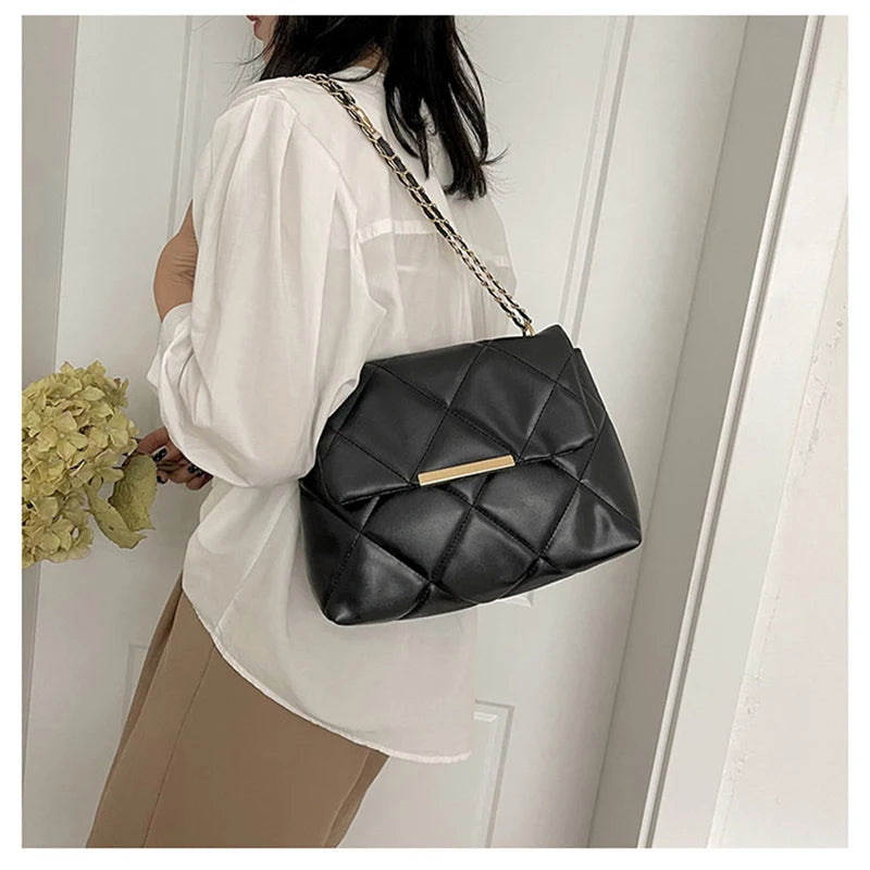 Plaid Thread Women Handbags Lady Underarm Shoulder Bag Large Capacity Commuting Tote Bag PU Leather Chain Strap Crossbody Bag