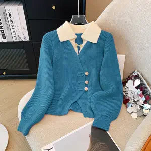 2025 Autumn Winter New Splicing Fake Two Pieces Knitted Cardigan Sweater Women Jacket Fashion Knitwear Loose Ladies Tops B693