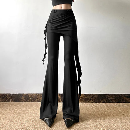 Casual Slim Folds Tie Flower Ruffles Flare Pants Casual Sexy Solid Mid-Waisted Wide Leg Pants Women 2024 Summer Fashion