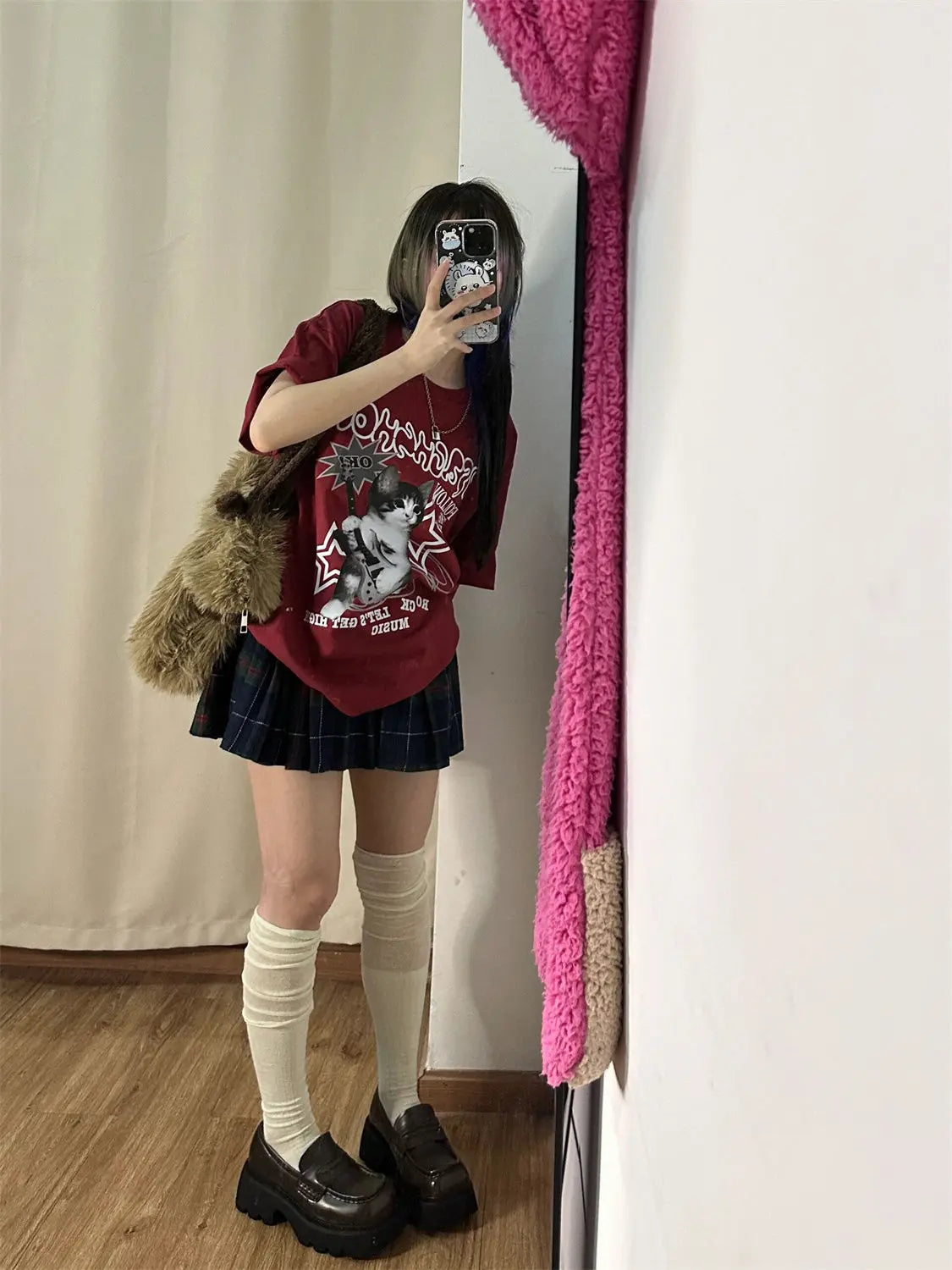 Kawaii Cat Printed Red T-shirts Women Harajuku Oversized Punk Style Tops Cute Graphic Short Sleeve Tees Cotton Casual