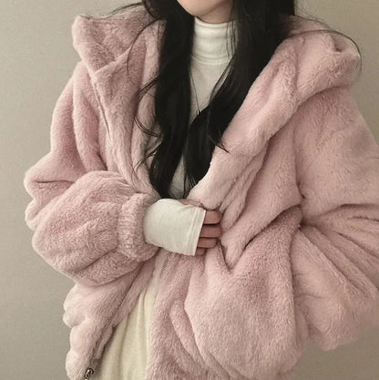 Winter Women Fur Coat Zipper Loose Hoodies Over Coat Thick Warm Plus Size Female Plush Casual Coats