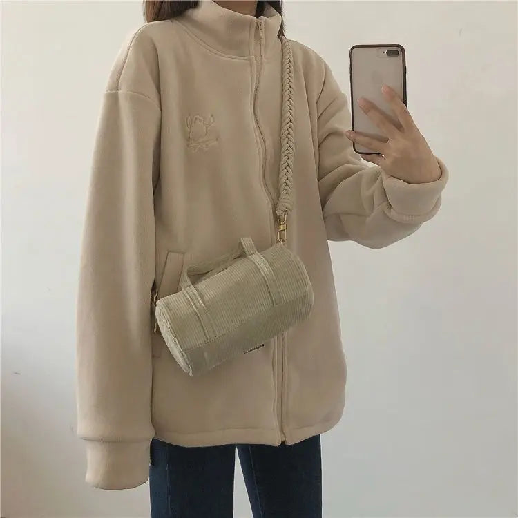 Autumn Winter Fleece Zipper Sweatshirt Jacket Women Clothing Embroidery Coats Warm Long Sleeve Cardigan Sport Outdoor Sweatshirt