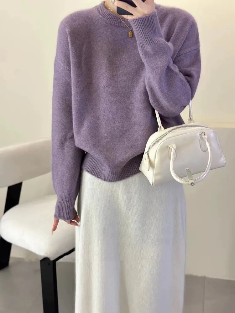 Original Autumn/Winter Thicken Loose Cashmere Sweater Women's Round Neck Pullover 100% Pure Wool Knit Sweater Soft Top Female