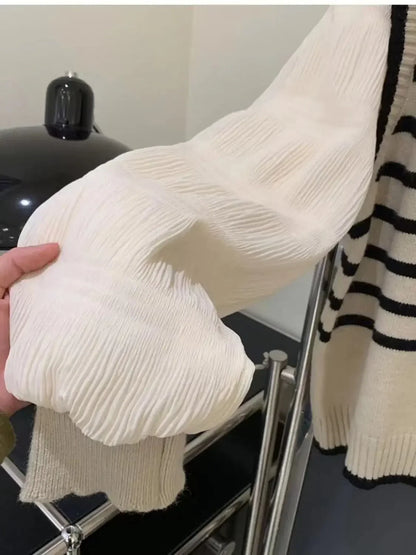 2025 Women Black and White Striped Fake Two-Piece Knitted Sweaters Autumn Winter Korean Soft Glutinous Pullover Sweater Female