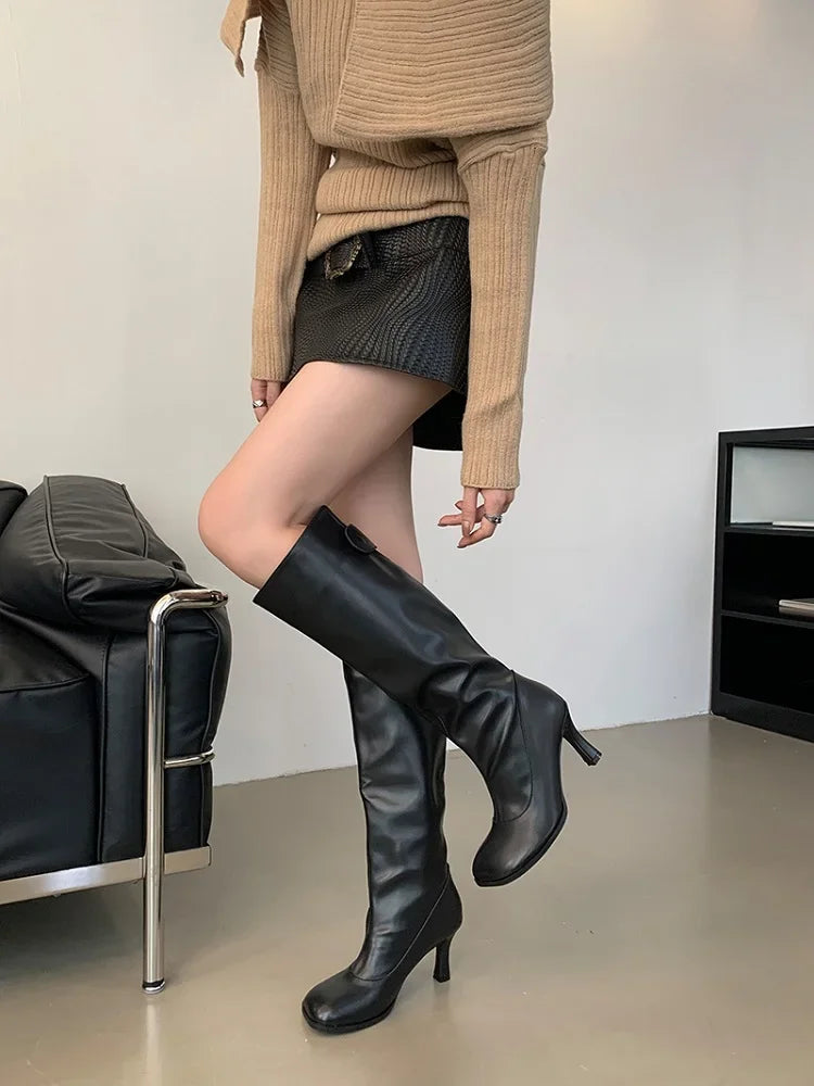 Autumn Winter Cosy Button Woman Knee-High Modern Boots Fashion Round Toe Thin Heels Ladies Long Booties Party Shoes