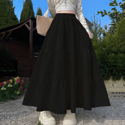 Korean Style Elastic High Waist White Skirt for Women Summer Loose Pleated Long Skirts Woman 2025 Vacation A Line Umbrella Skirt