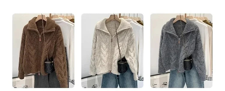 HELIAR Women Fall Winter New Casual Loose Knitted Cardigan Retro Solid Double Zipper Turn-down Collar Sweater Thicken Loose Tops